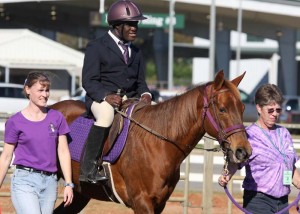 Chris McClintock-Doyle riding Avatar accompanied by volunteers Candace Houston and Ginger Jones